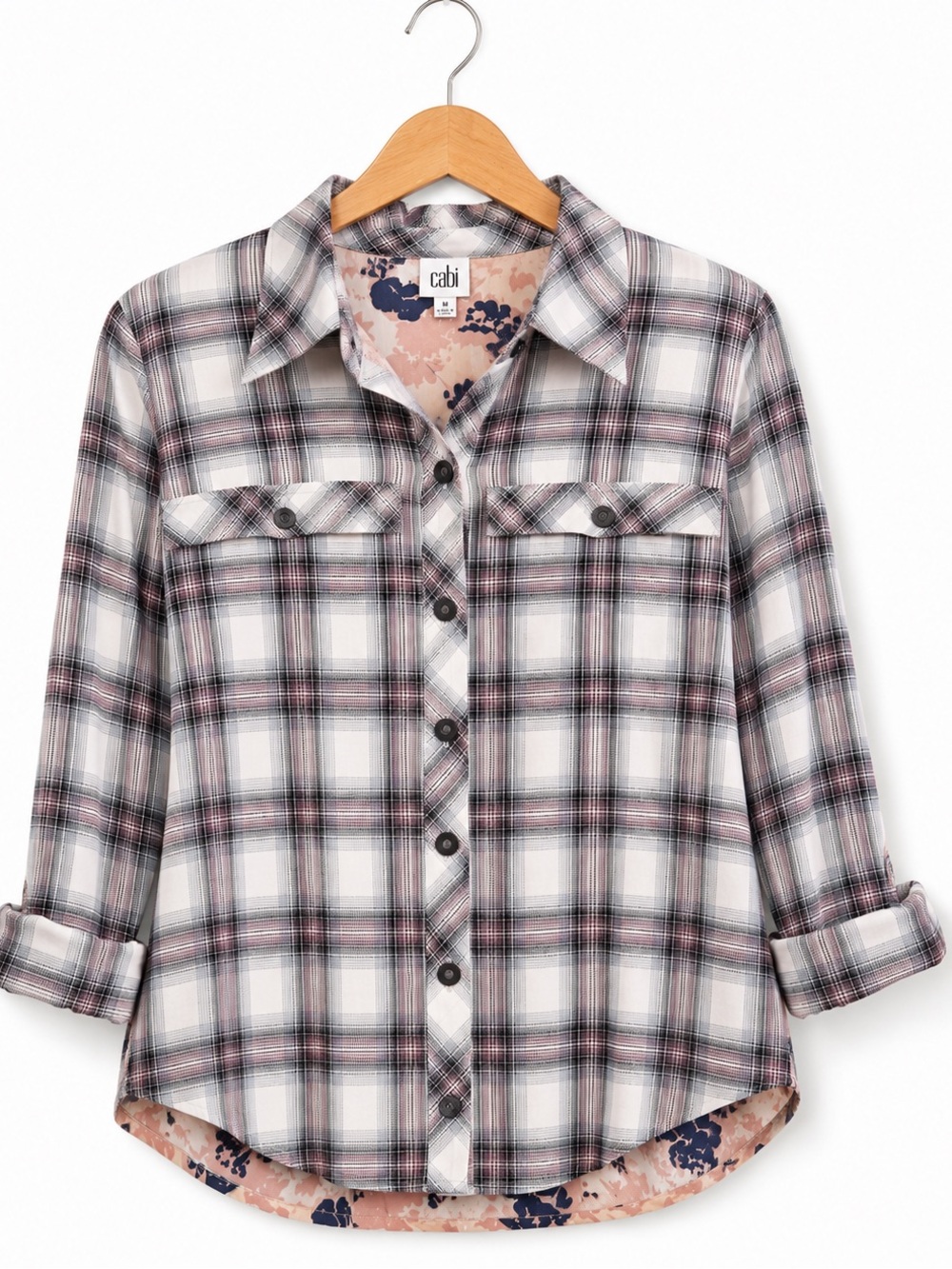 Cabi Plaid Floral Back Button Front Shirt Size Small Pink Gray Mixed Print